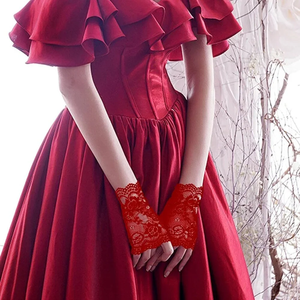 Women's 2 Pair Black Red Lace Fingerless Gloves Party Prom Costume Accessories